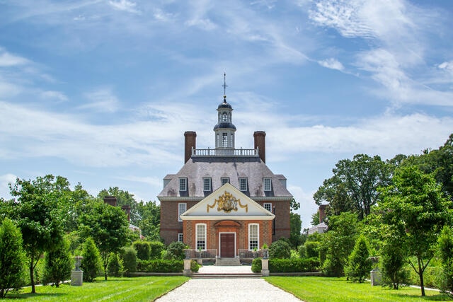 Beautiful blue skies overhead Govenor's Palance, Williamsburg, Virginia.