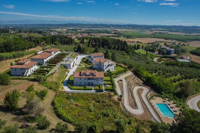 Stunning aerial shot of Borgo alle Vigne, a Hilton Grand Vacatons Club, Tuscany, Italy.