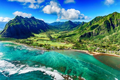 Beautiful aerial shot of the landscape of coastal Oahu, Hawaii and the Kualoa Ranch where Jurassic Park was filmed
