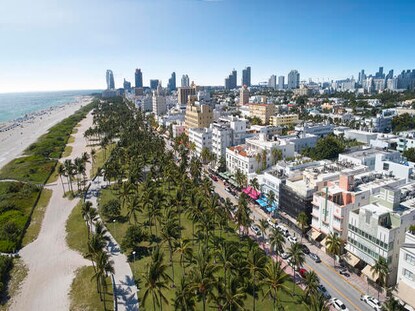 Aerial view of Hilton Grand Vacations at McAlpin—Ocean Plaza and the South Beach in Miami, Florida. 