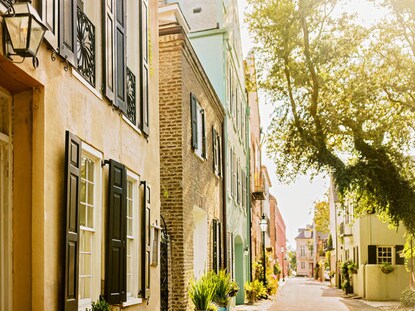 Colorful houses along Rainbow Row in Charleston, South Carolina. 
