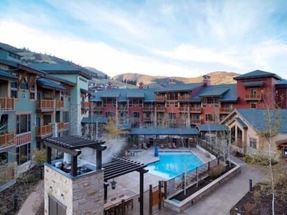 Aerial shot of pool and grill area at Sunrise Lodge, a Hilton Grand Vacations Club in Park City, Utah. 