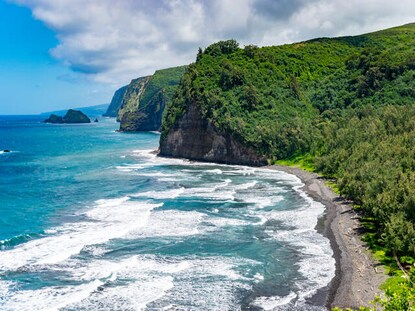 Aerial shot of Hawaii's lush shoreline meeting turquoise waters. 