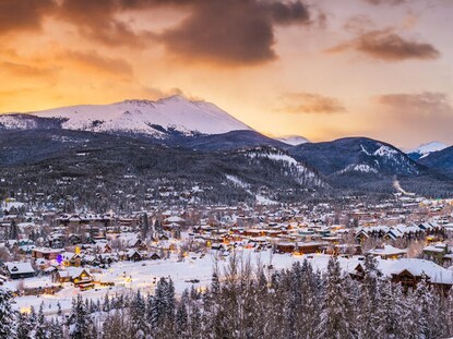 Aerial view of snowcovered Breckenridge, Colorado, at sunset. 