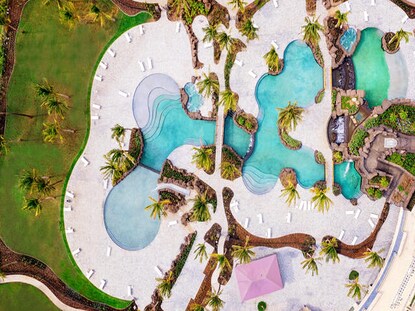 Stunning aerial shot of super pool at Maui Bay Villas by Hilton Grand Vacations, Maui, Hawaii. 