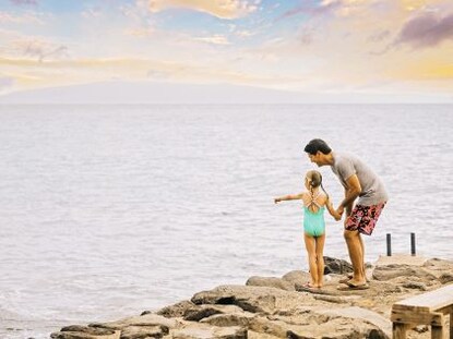 A father and daughter look over the ocean in Maui, Hawaii